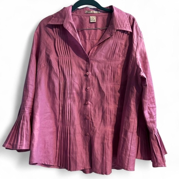 Vintage Linen Pink Pleated Cuffed Sleeve Button Down Shirt Cottagecore XL - Picture 1 of 6